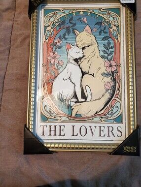New Sapna Shah Framed Wall Art 2 Cats “The Lovers” 18”x 12” Home Decor